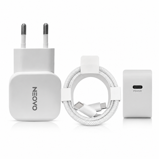 NEOVO USB-C Oplader 45W – iPhone Oplader & Samsung Oplader – GaN Snellader met 240W USB-C Kabel – Voor iPhone, iPad & Samsung Galaxy – Wit