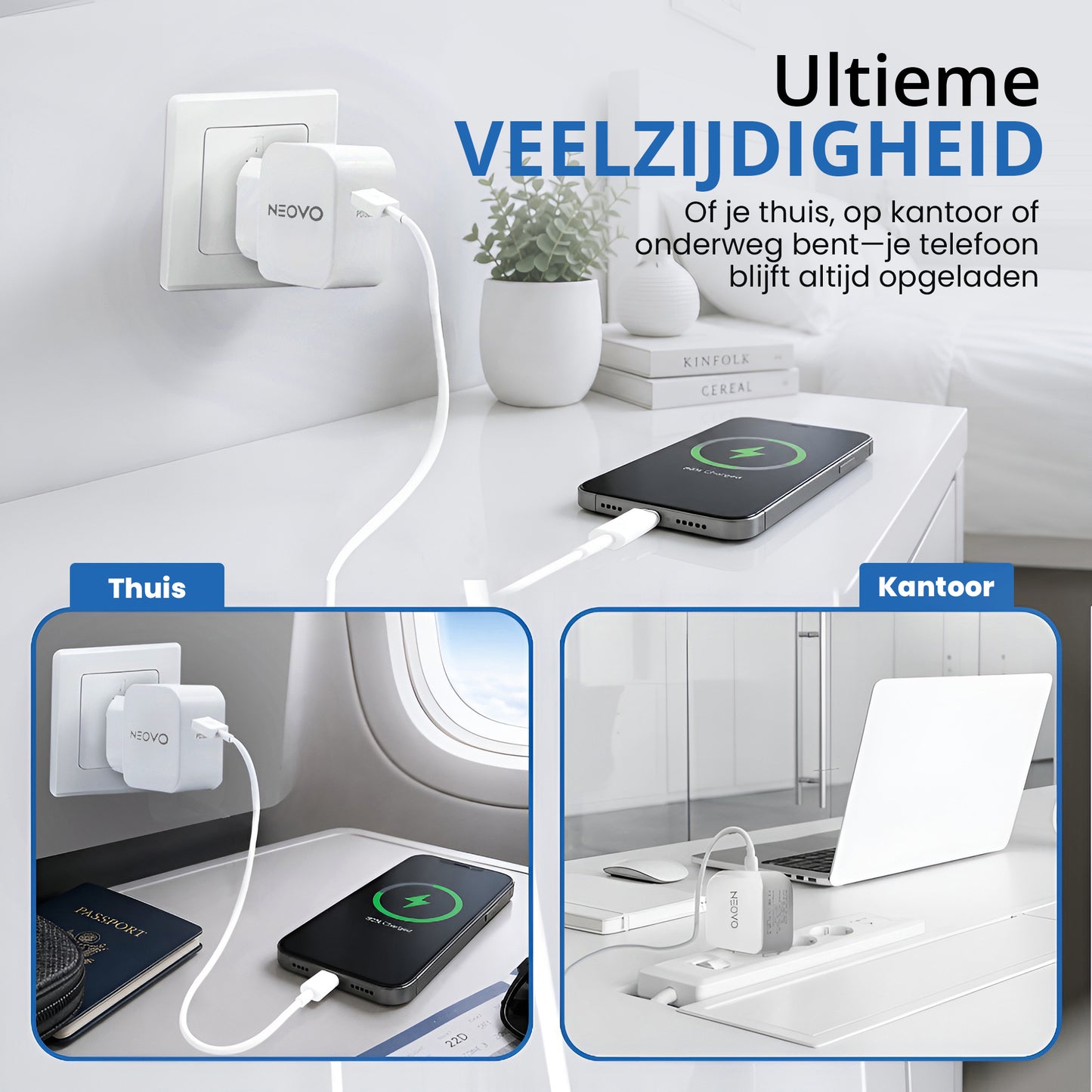 NEOVO 30W USB-C Snellader met 240W USB-C Kabel – iPhone 17/16/15 Oplader – Samsung S26/S25/S24