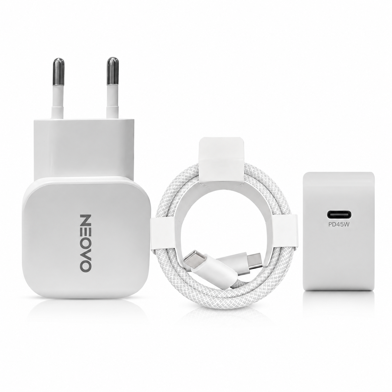 NEOVO 45W GaN USB-C Snellader + 240W USB-C Kabel – iPhone / Samsung / iPad Oplader – Snelle Reislader voor Werk & Onderweg