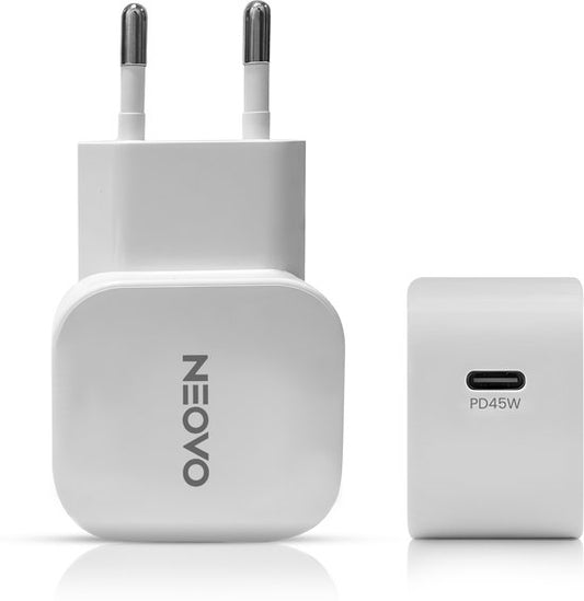 NEOVO USB-C Oplader 45W – iPhone Oplader & Samsung Oplader – GaN Snellader met 240W USB-C Kabel – Voor iPhone, iPad & Samsung Galaxy – Wit