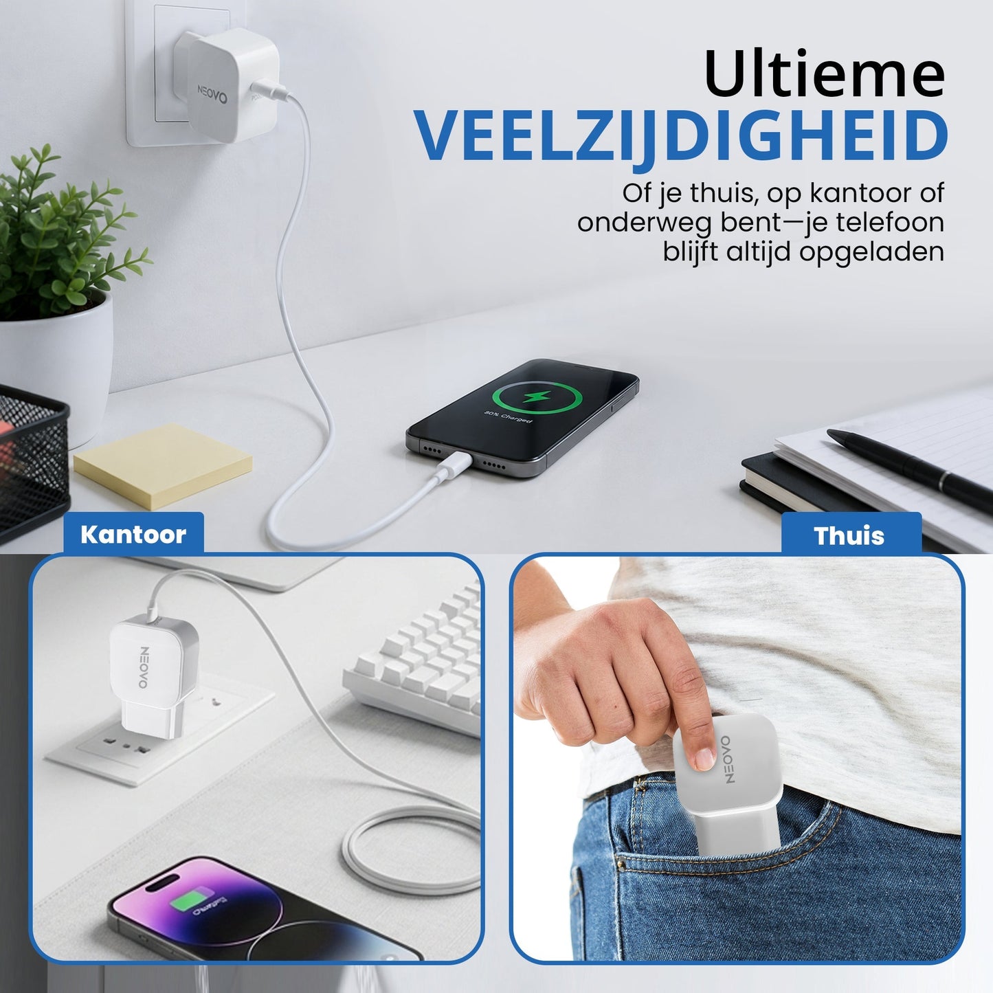 NEOVO 65W USB-C Snellader – iPhone 17/ 16/ 15 Oplader – Samsung S26 / S25 / S24 Snellader – MacBook
