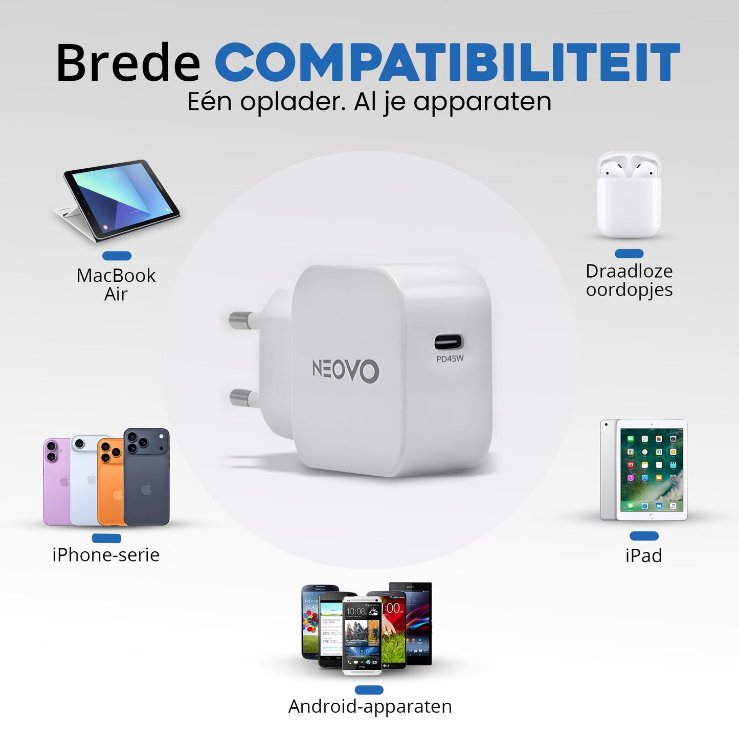 NEOVO 45W USB-C Snellader – Samsung S26/ S25/ S24 Oplader – iPhone 17/ 16/ 15 Snellader – Wit