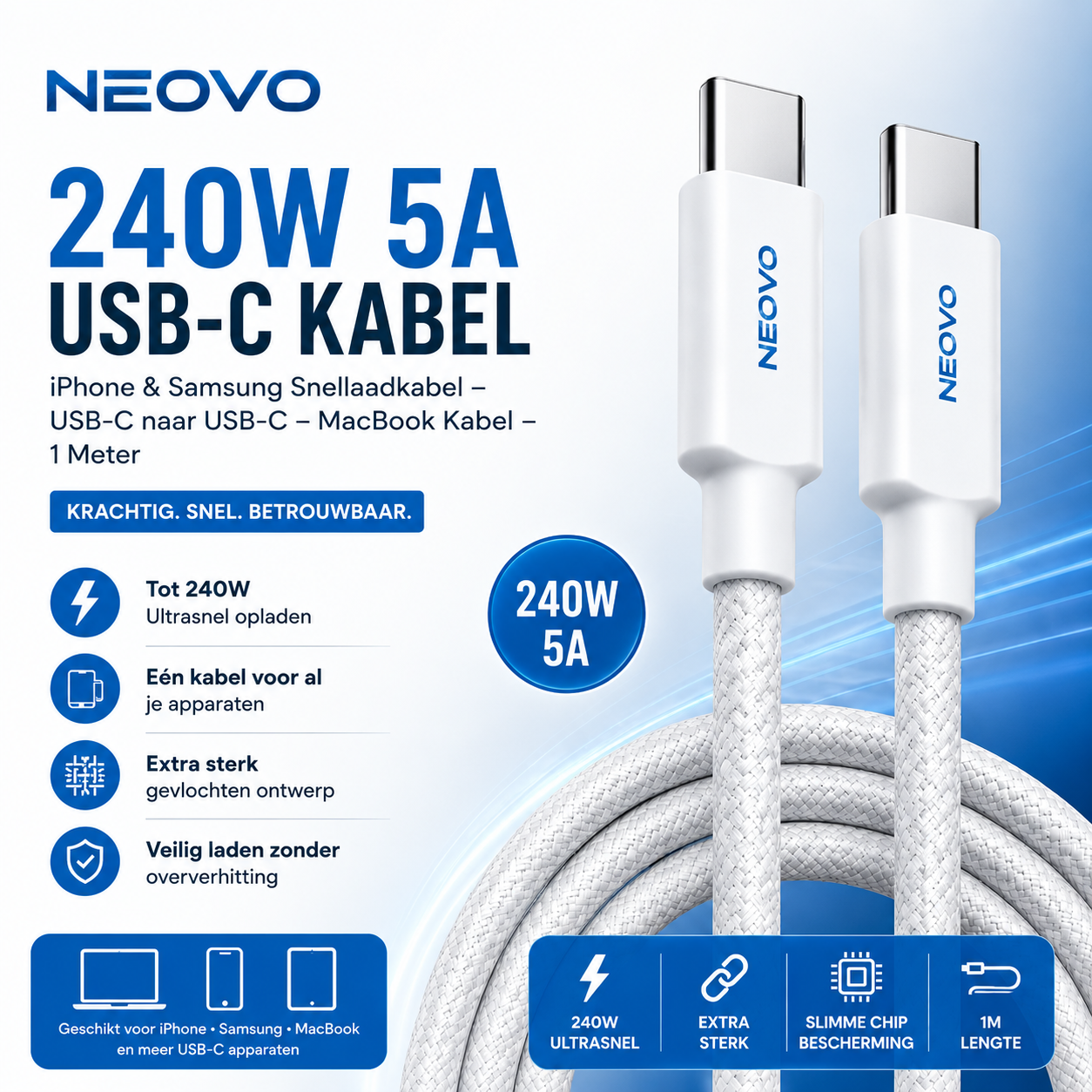 NEOVO 65W USB-C Snellader met 240W USB-C Kabel – iPhone 17/16/15 Oplader – Samsung S26/S25/S24 Snell