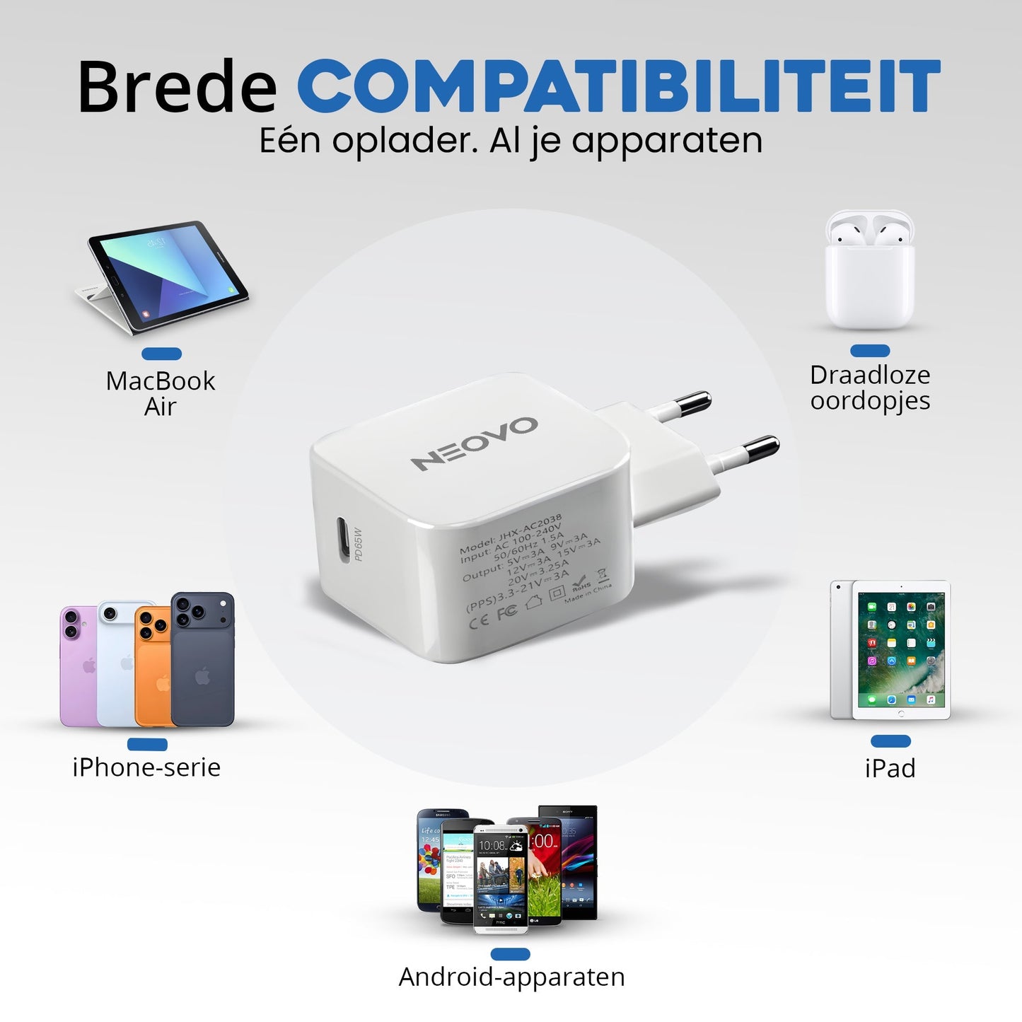 NEOVO 65W USB-C Snellader – iPhone 17/ 16/ 15 Oplader – Samsung S26 / S25 / S24 Snellader – MacBook