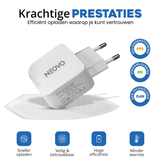 NEOVO 45W USB-C Snellader – Samsung S26/ S25/ S24 Oplader – iPhone 17/ 16/ 15 Snellader – Wit